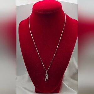Sterling Silver 925 Clear Moissanite Cancer Awareness Ribbon Pendant Necklace